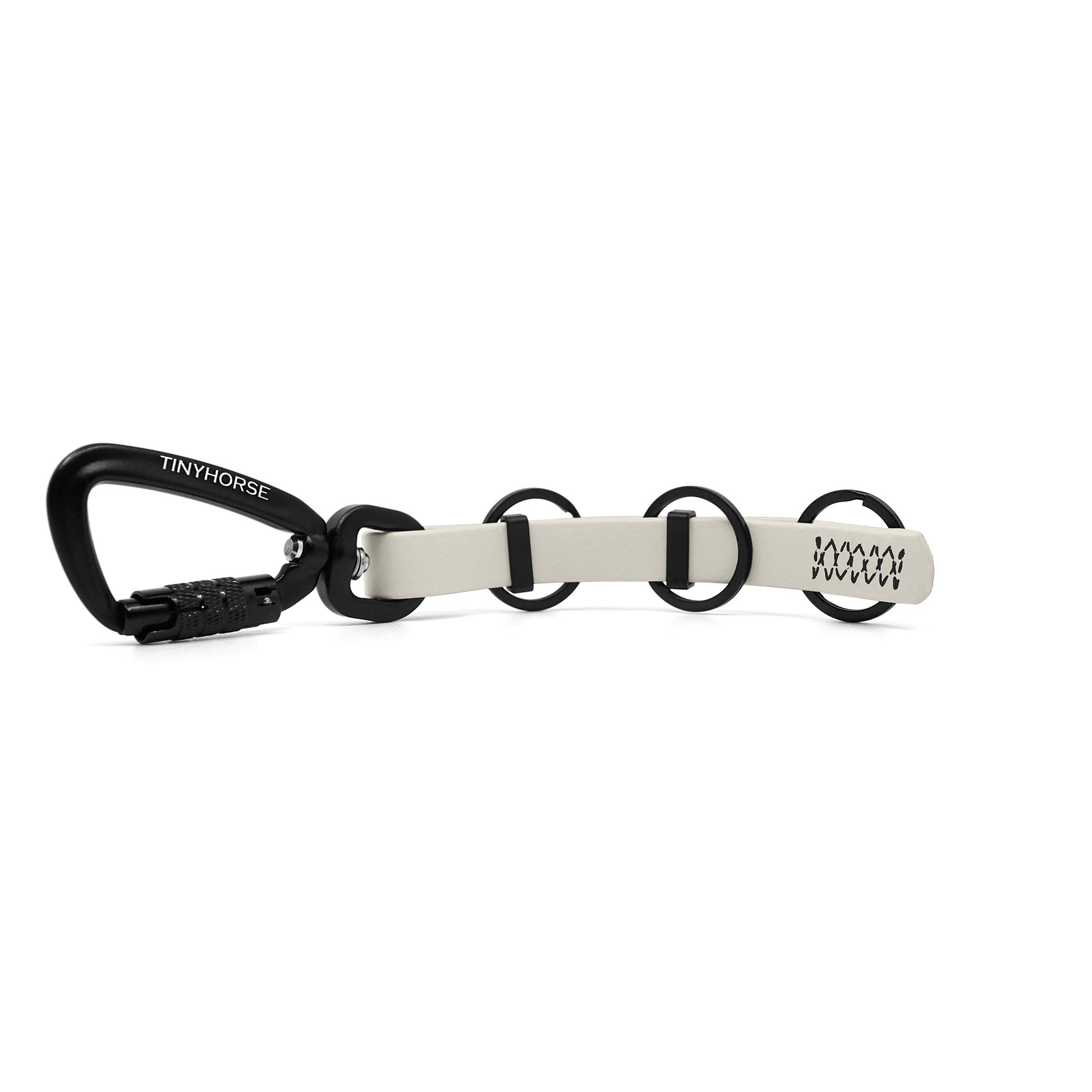 A extra long white key chain with an auto-locking carabiner and three split rings on a white background.