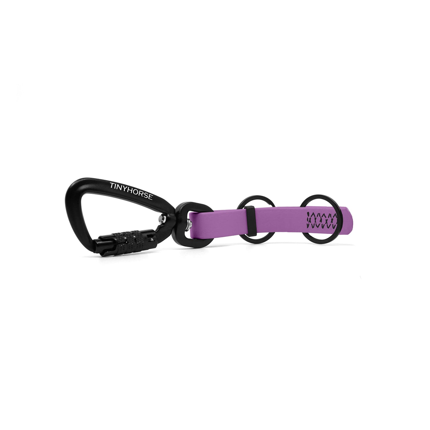 A lilac key chain with an auto-locking carabiner and two split rings on a white background.