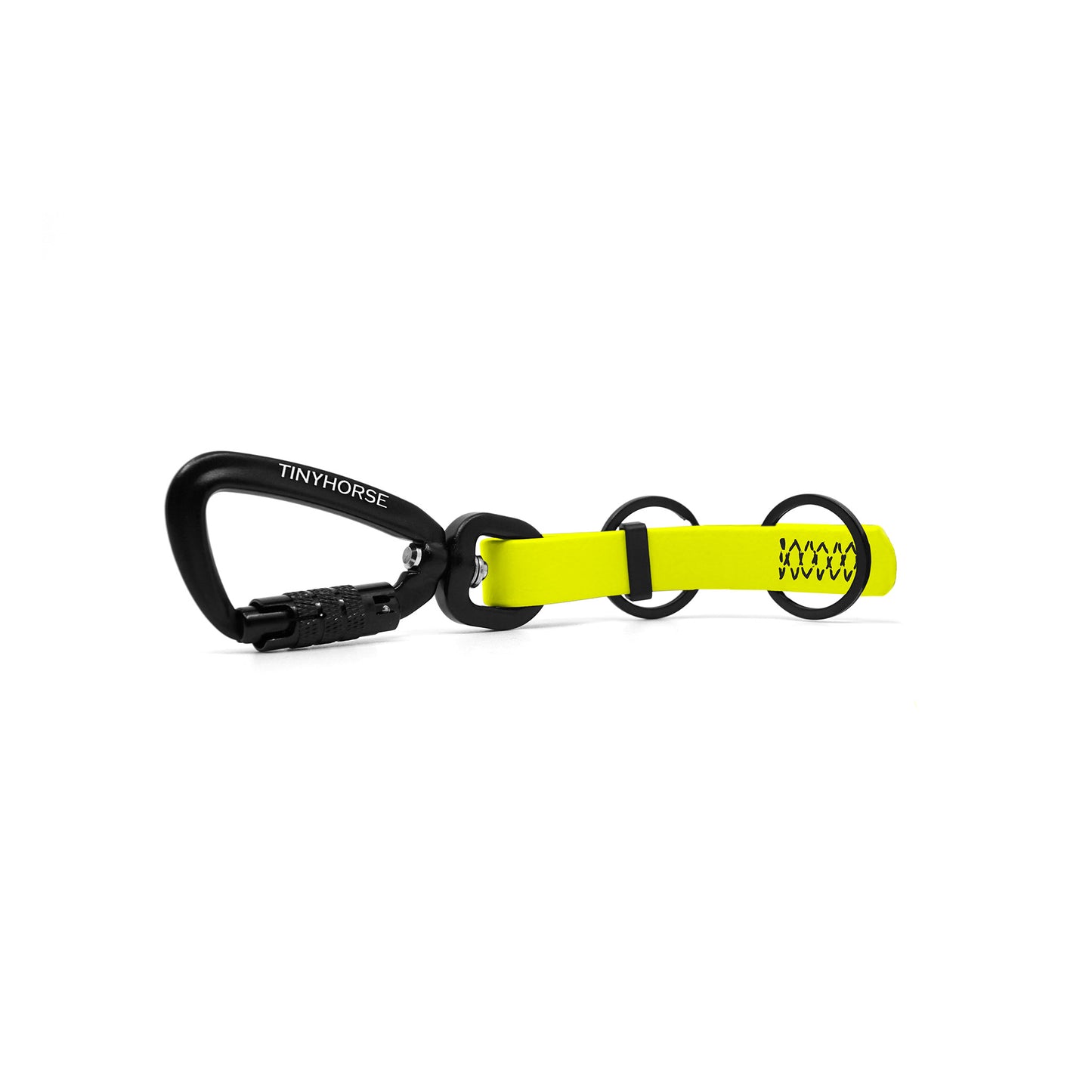 A neon yellow key chain with an auto-locking carabiner and two split rings on a white background.