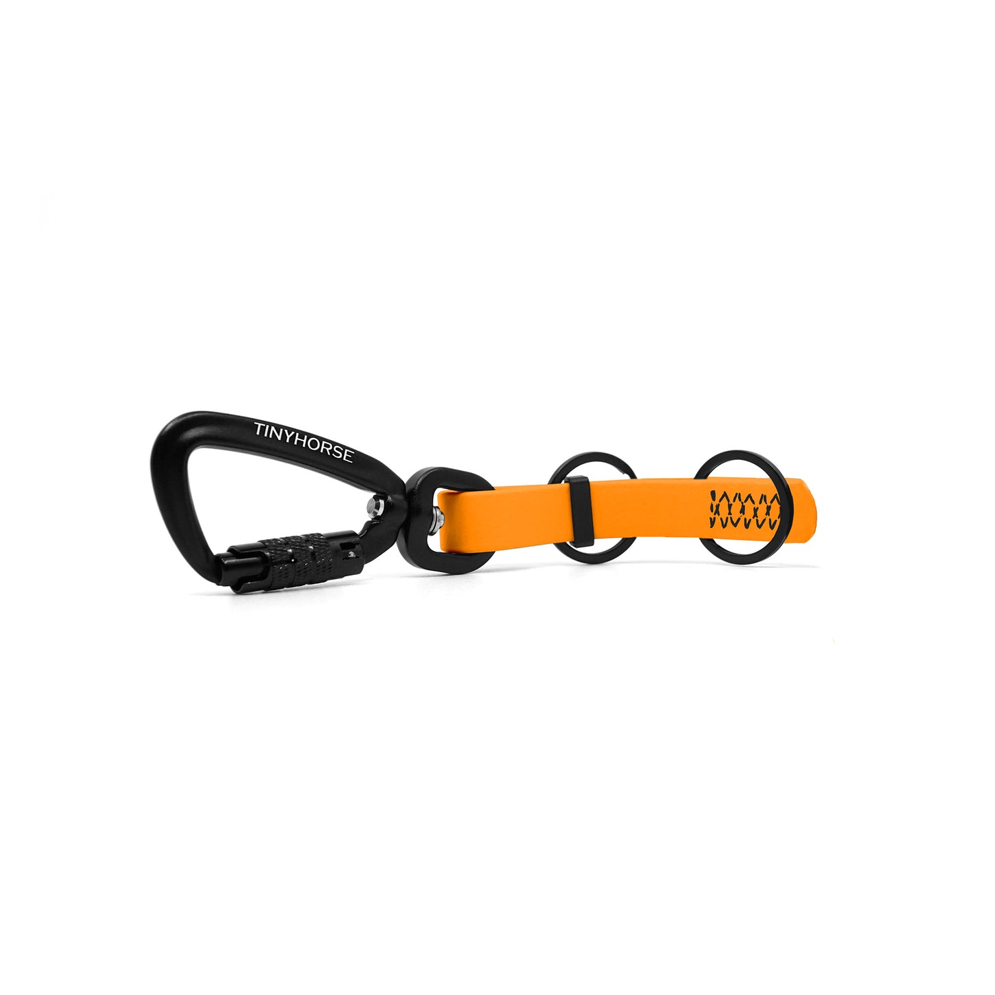 A pastel orange key chain with an auto-locking carabiner and two split rings on a white background.