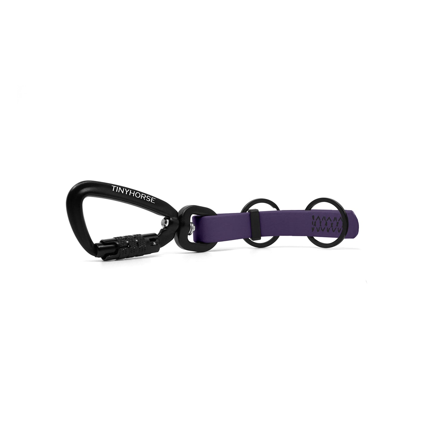 A purple key chain with an auto-locking carabiner and two split rings on a white background.