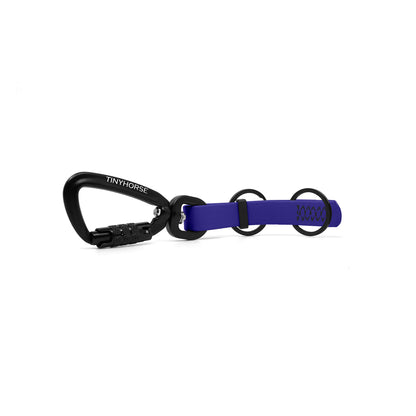 A royal blue key chain with an auto-locking carabiner and two split rings on a white background.