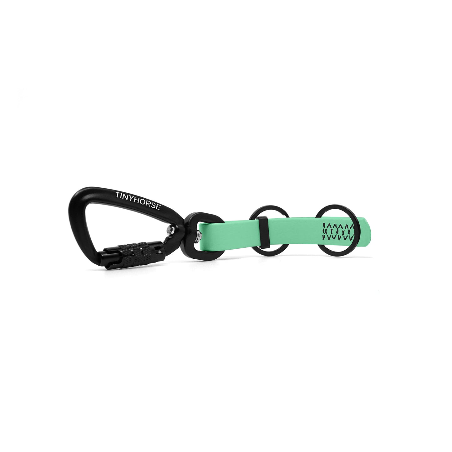 A seafoam key chain with an auto-locking carabiner and two split rings on a white background.