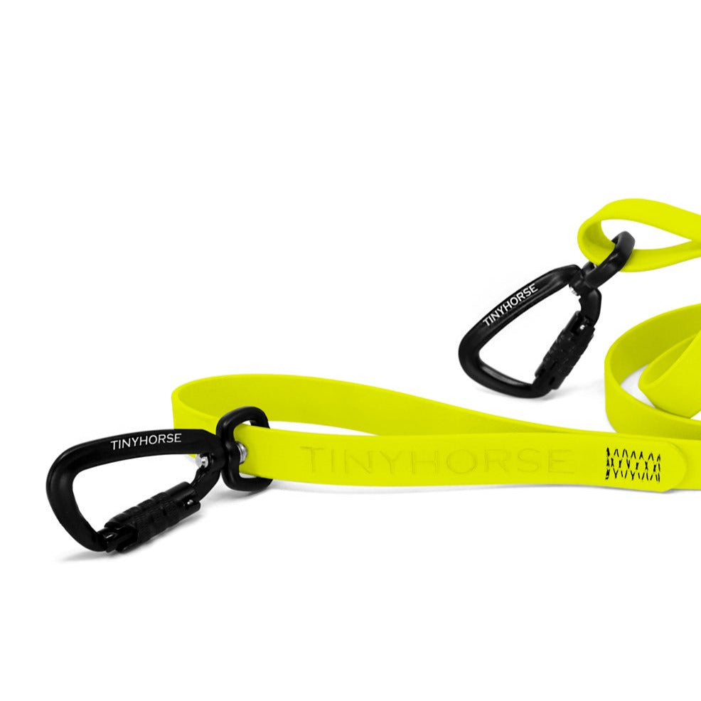Neon Yellow dog leash with black auto-locking carabiners on a white background