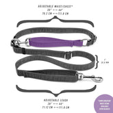 Sizing details for the Leader Lite. The specs are as follows: the waist band adjusts from 30” to 44”; the leash that attaches to the dog adjusts from 28” to 44”; the strapping is 1” wide. Complimentary body positive sizing available upon request. Product is on a white background