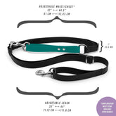 Walking belt dog leash that is mostly black but has a teal colour accent in front of the hips. The leash has silver hardware details, including two stainless steel clips, to screws fastening the teal accent and two metal rings on either side of the teal accent. There are also various figures and numbers detailing the specs of the product as follows: the waist band adjusts from 32” to 44.5” or 81 cm to 113.03 cm; the section that attaches the dog adjusts from 28” to 44” or 71.12 cm or 111.8 cm; 1” wide strap