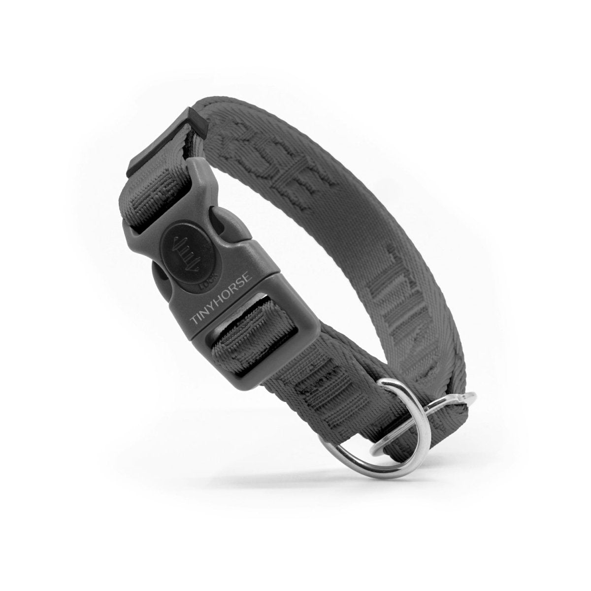 A black nylon dog collar with a locking speed buckle and a metal ring, photographed on a white background.