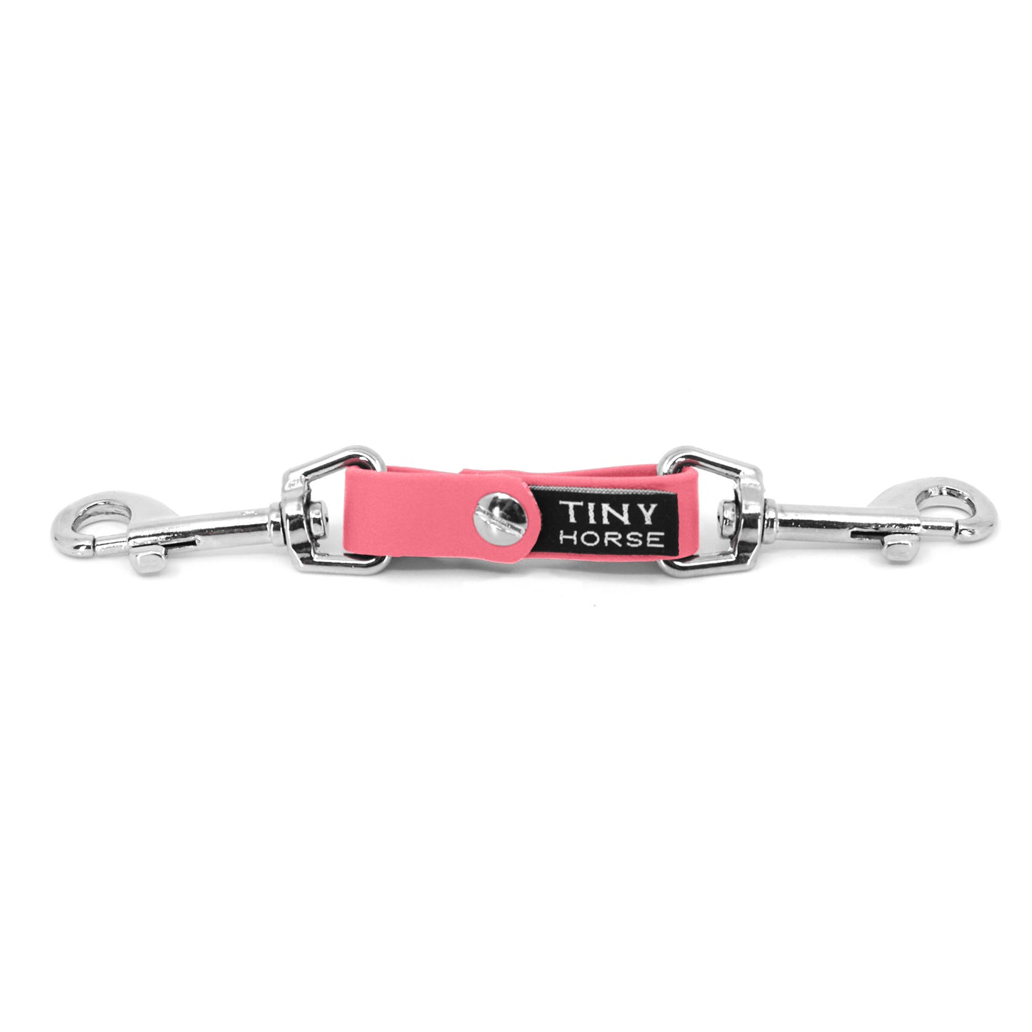 A baby pink security strap on bio thane with two silver triggers on a white background.
