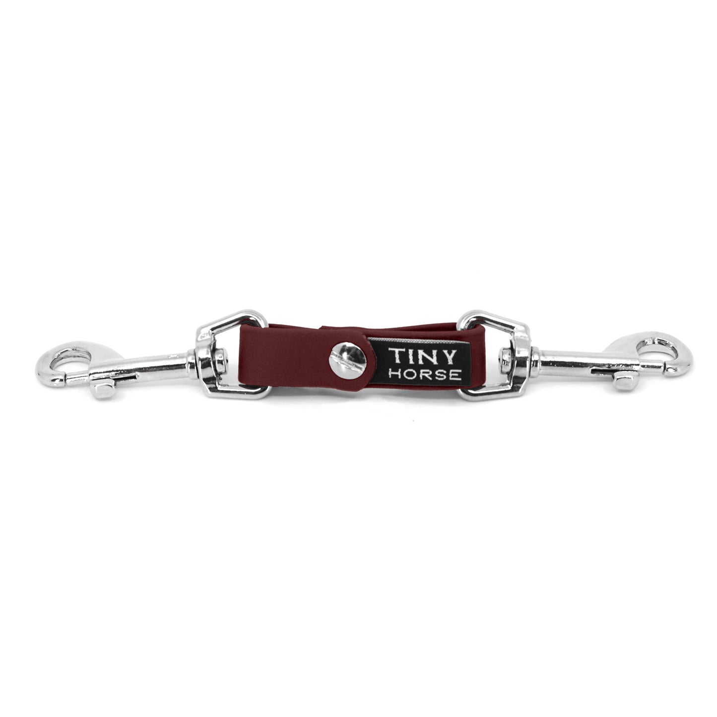 A burgundy security strap on bio thane with two silver triggers on a white background.