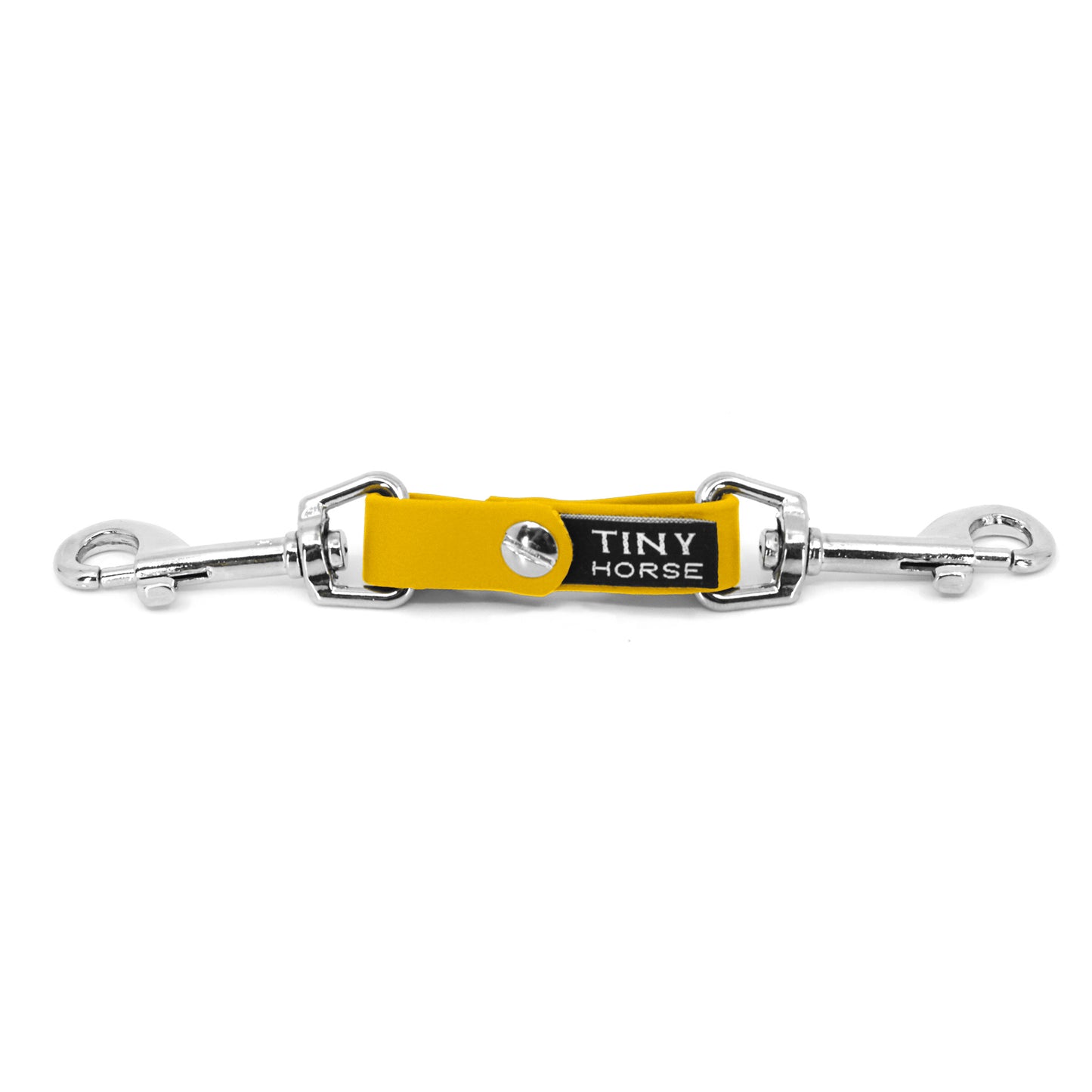 A canary yellow security strap on bio thane with two silver triggers on a white background.