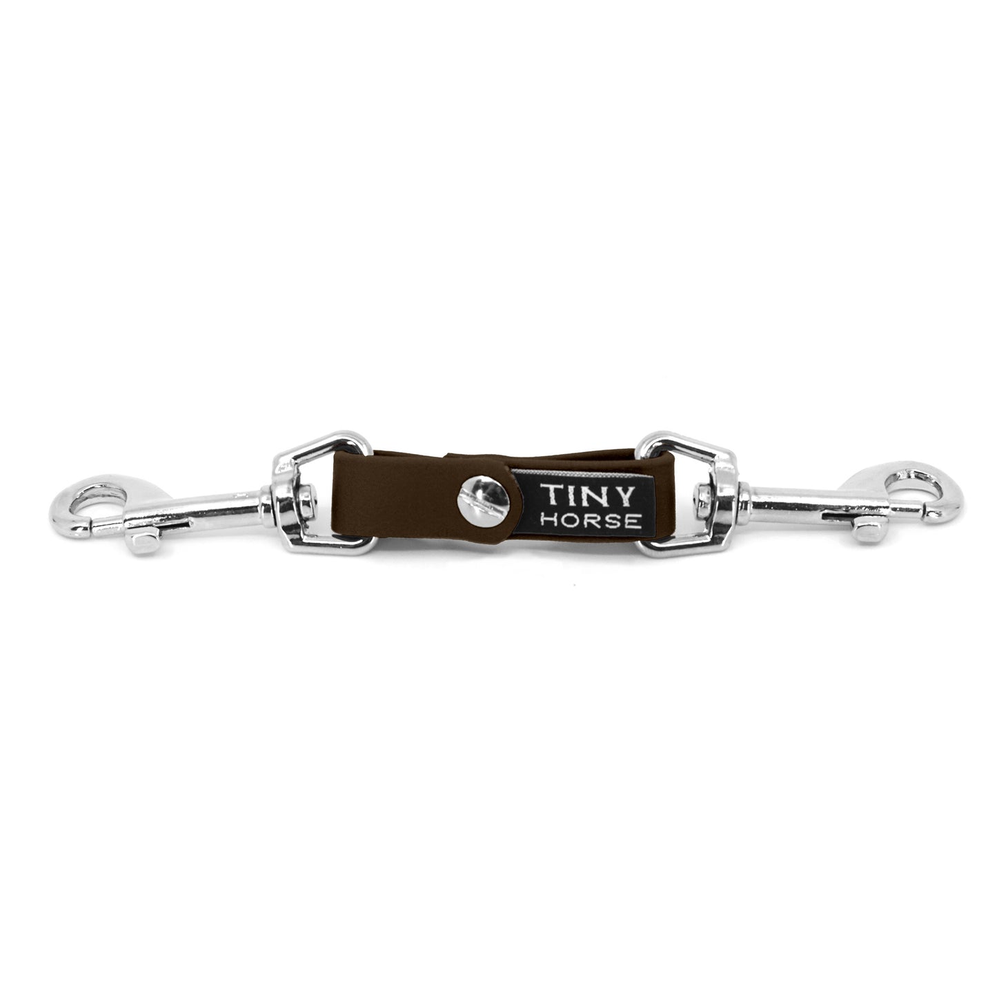 A dark brown security strap on bio thane with two silver triggers on a white background.