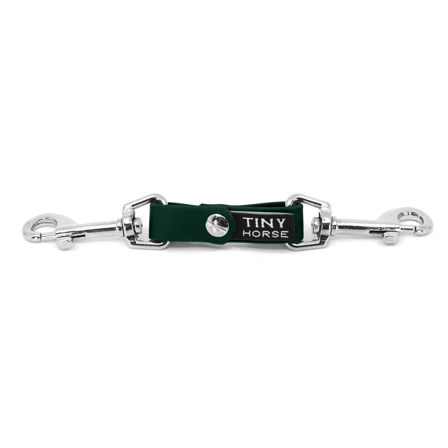 A dark green security strap on bio thane with two silver triggers on a white background.