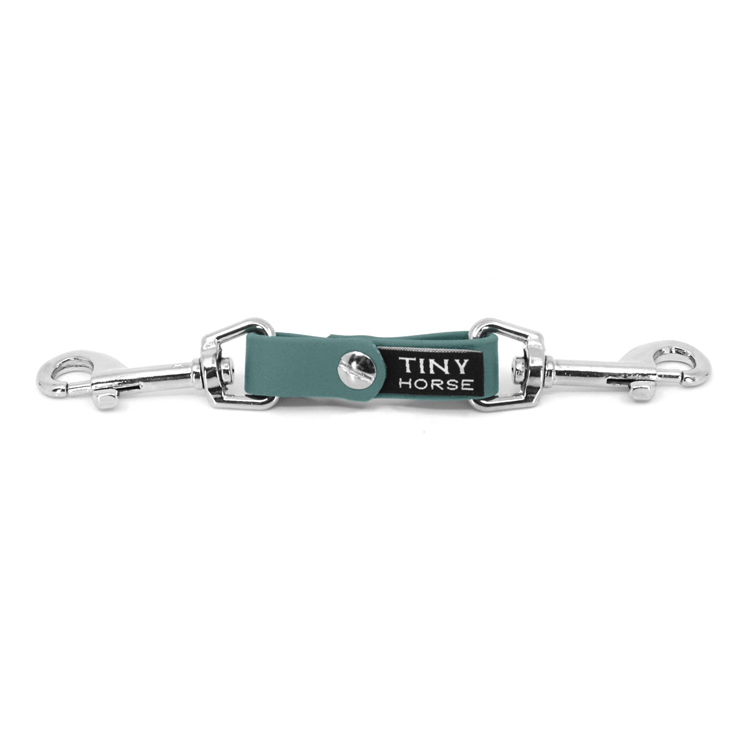 A eucalyptus security strap on bio thane with two silver triggers on a white background.
