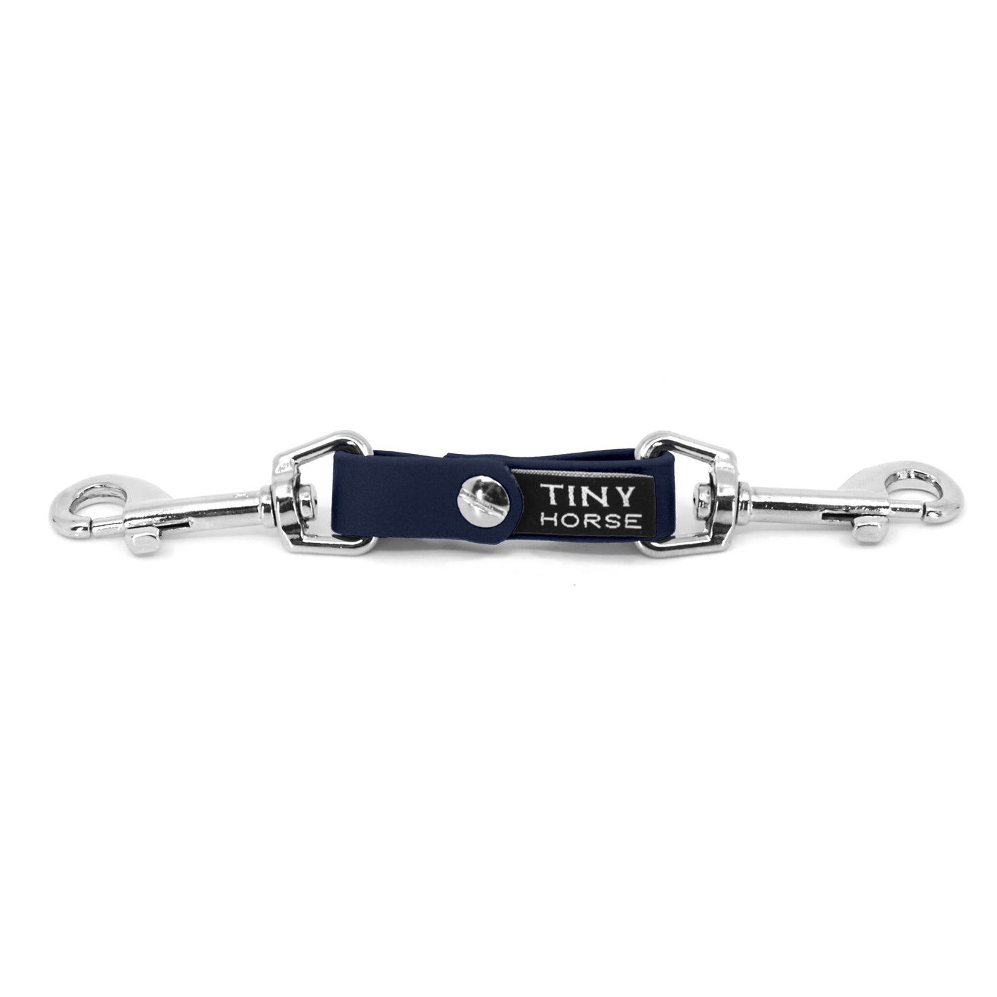 A navy blue security strap on bio thane with two silver triggers on a white background.