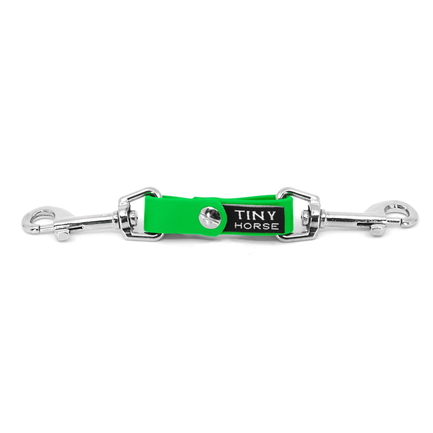 A neon green security strap on bio thane with two silver triggers on a white background.