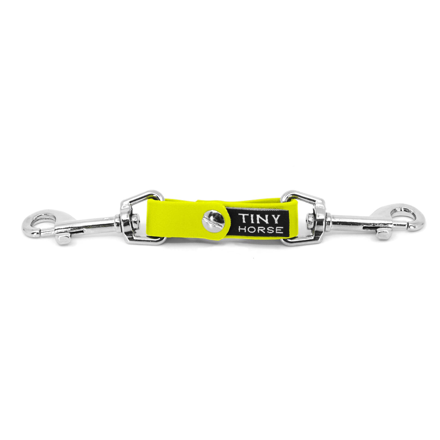 A neon yellow security strap in bio thane with two silver triggers on a white background.