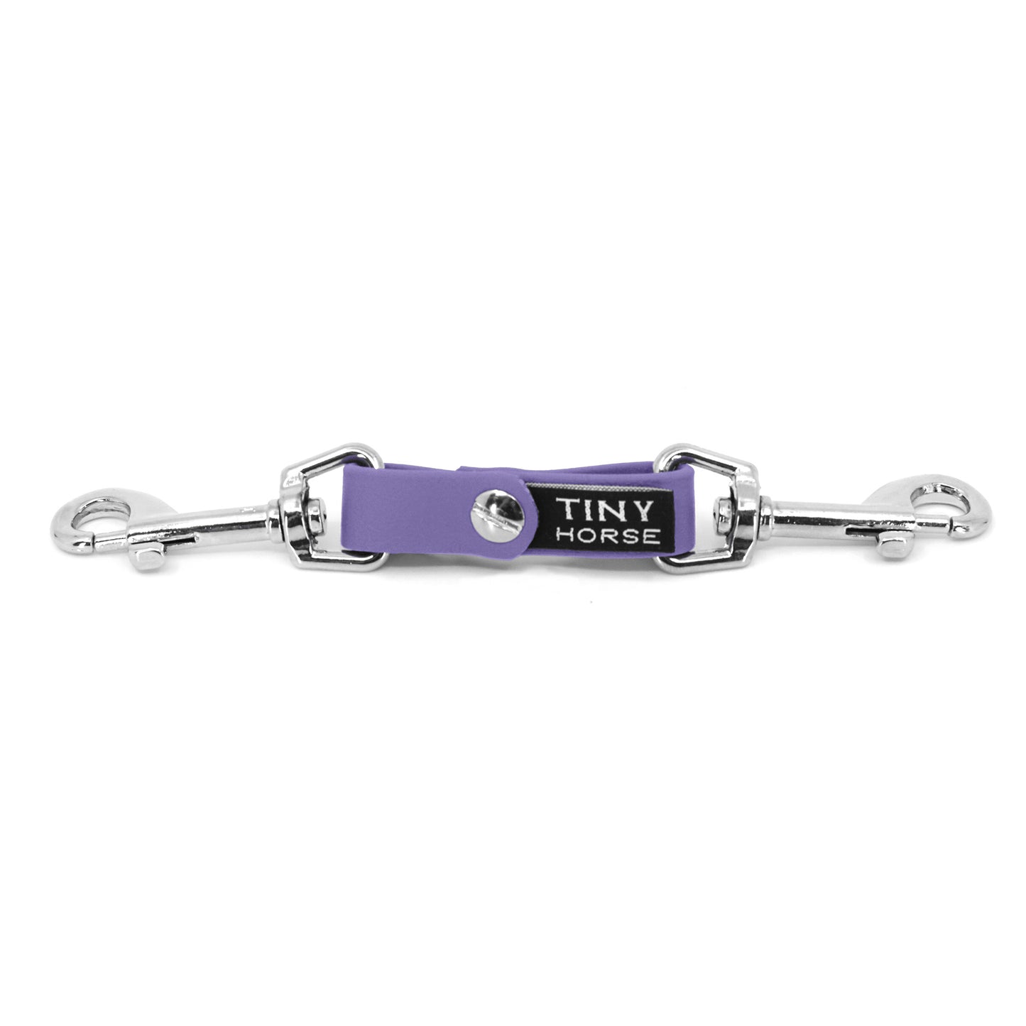 A periwinkle security strap on bio thane with two silver triggers on a white background.