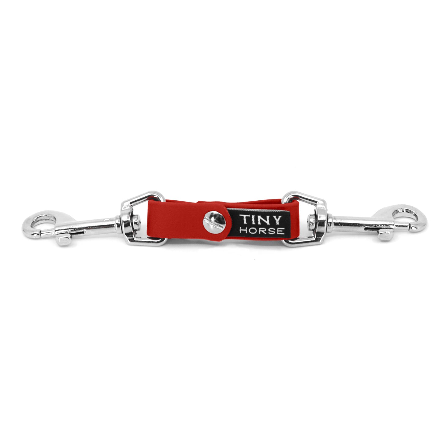 A red security strap in bio thane with two silver triggers on a white background.