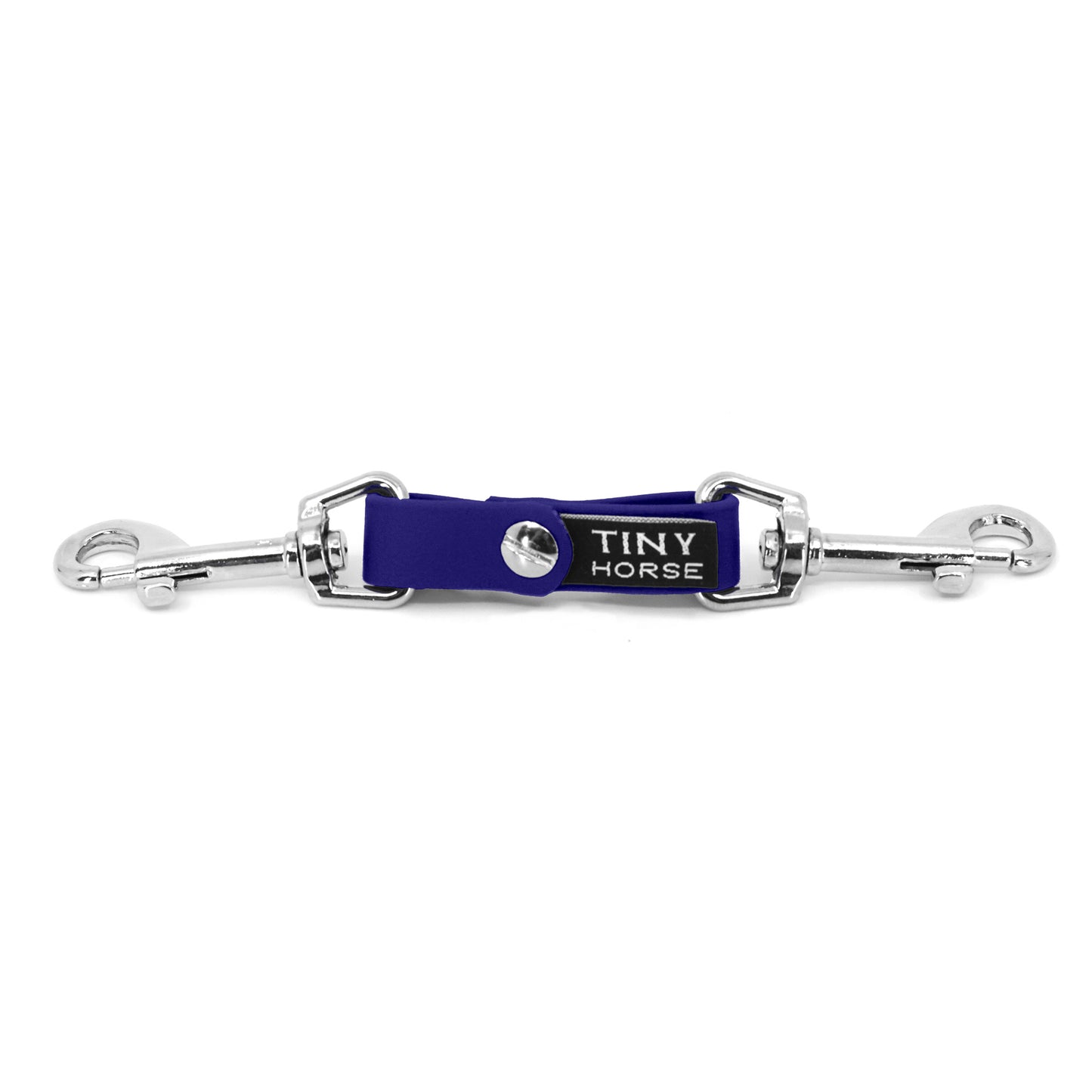 A royal blue security strap in bio thane with two silver triggers on a white background.