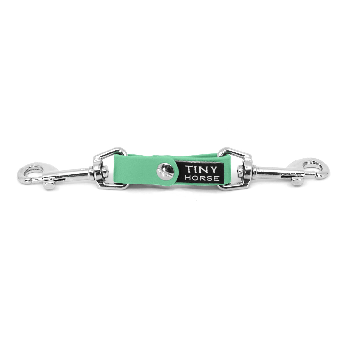 A seafoam security strap in bio thane with two silver triggers on a white background.