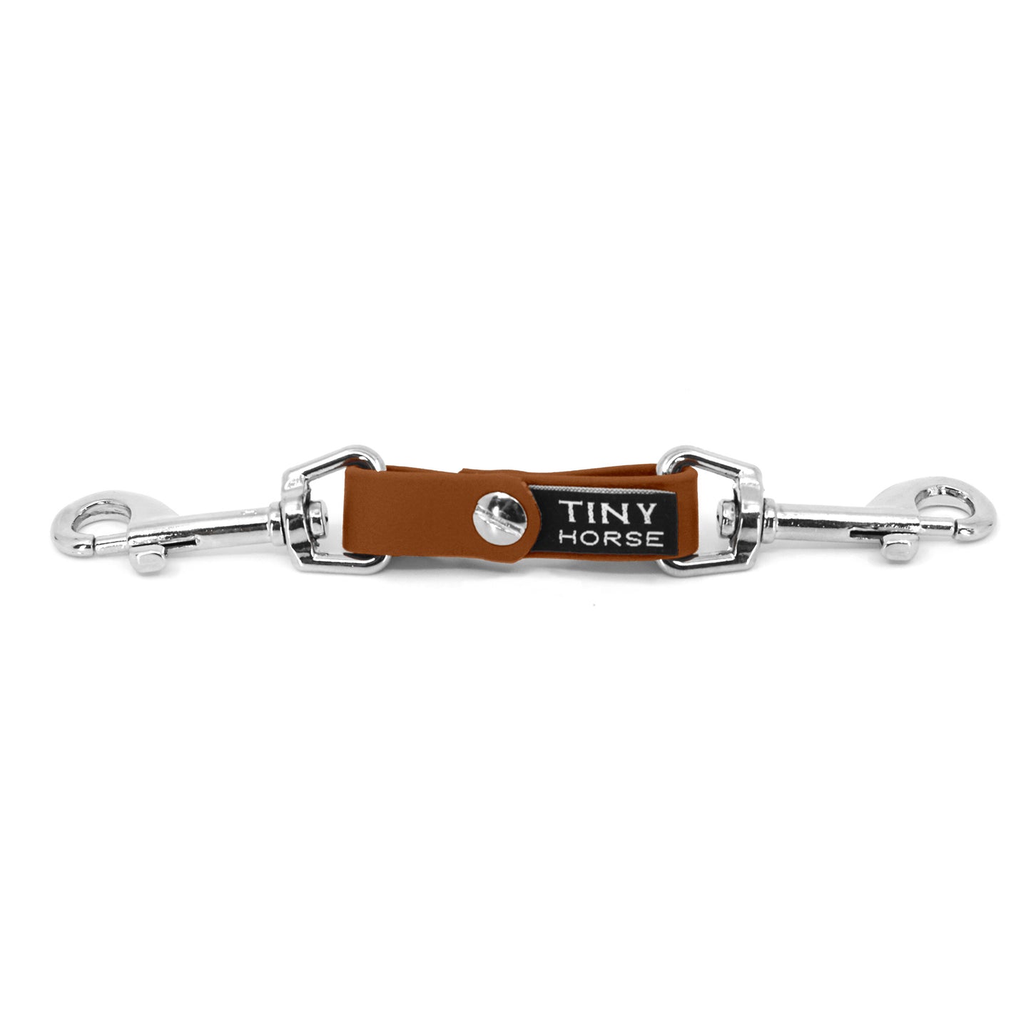 A tan security strap in bio thane with two silver triggers on a white background.