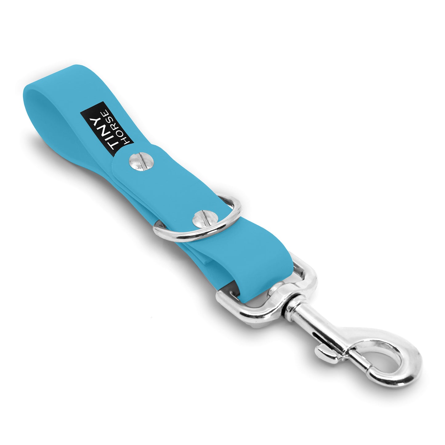 A baby blue Sidekick Hands free dog walking attachment with silver trigger clip on a white background.