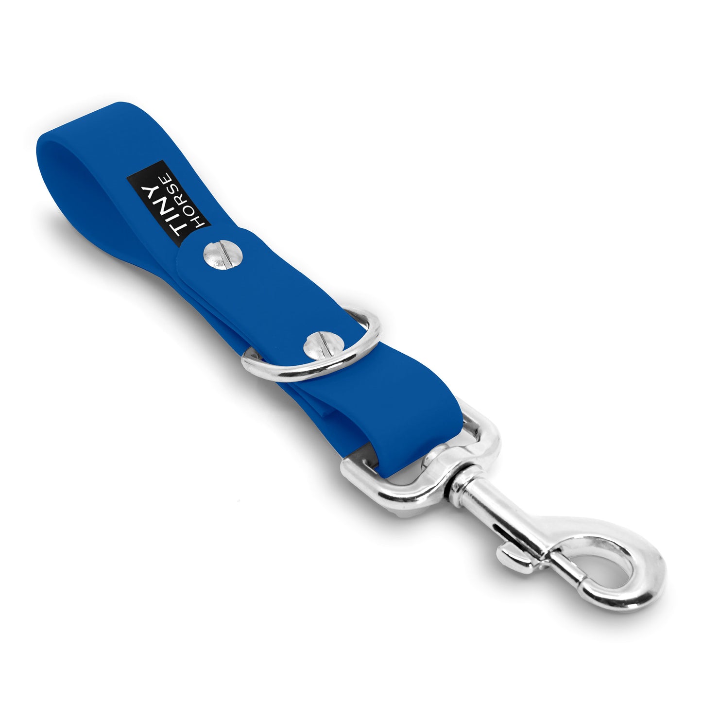A bay blue Sidekick Hands free dog walking attachment with silver trigger clip on a white background.
