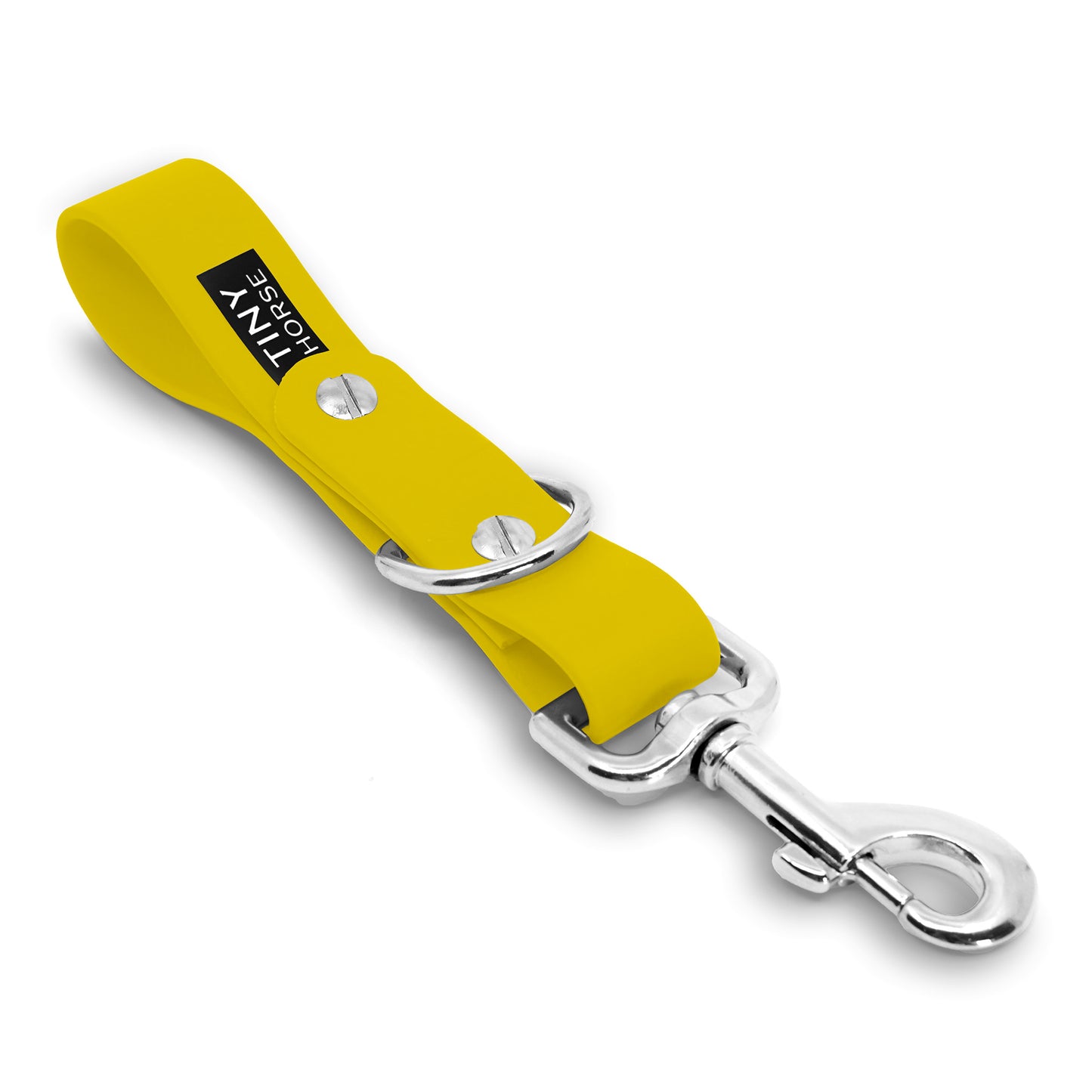 A canary yellow Sidekick Hands free dog walking attachment with silver trigger clip on a white background.