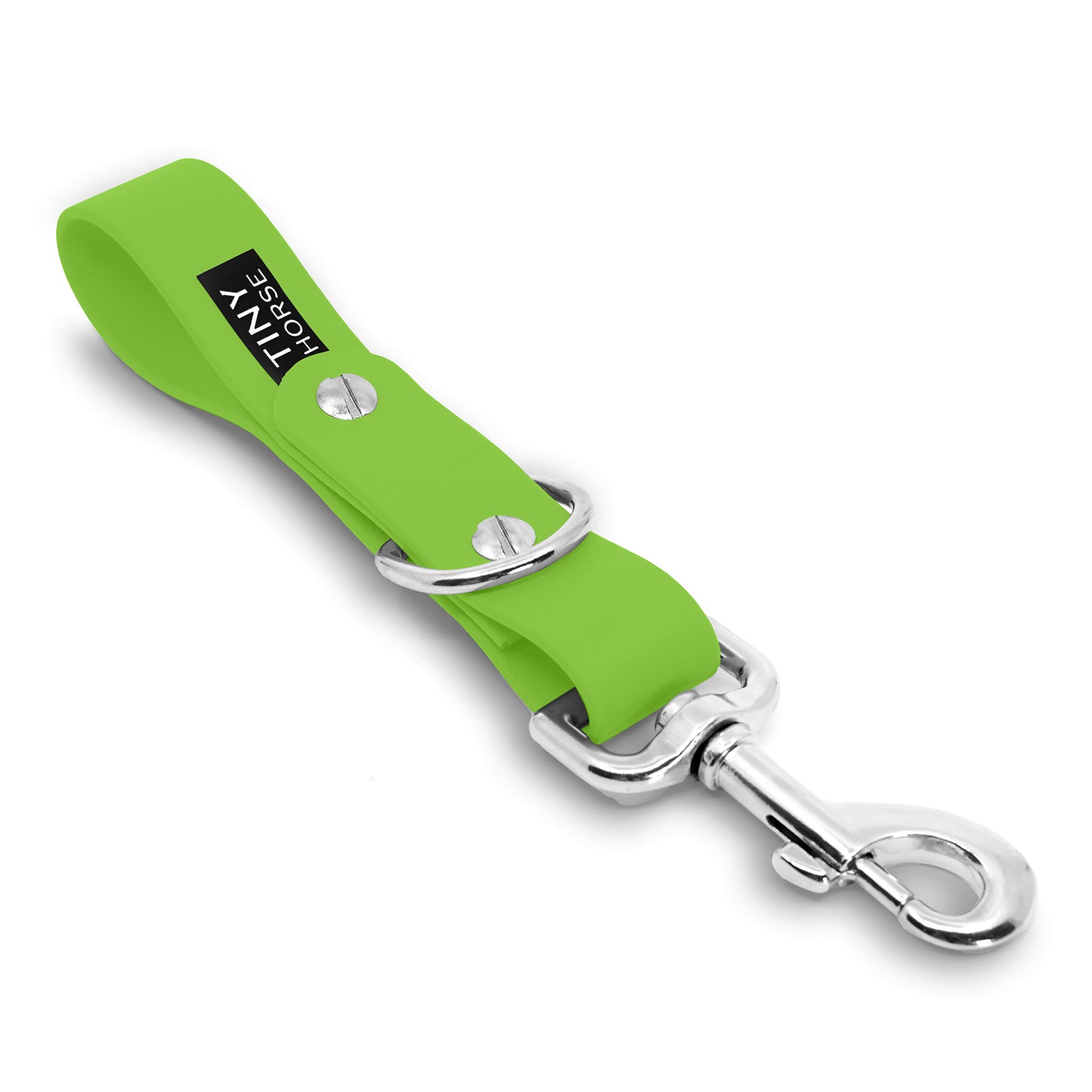 A lime Sidekick Hands free dog walking attachment with silver trigger clip on a white background.