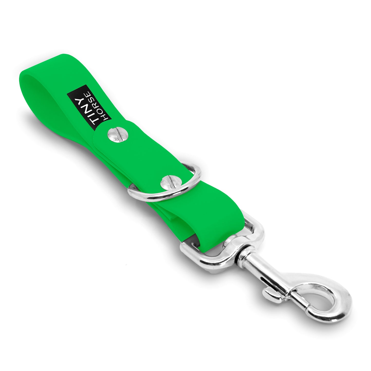A neon green Sidekick Hands free dog walking attachment with silver trigger clip on a white background.