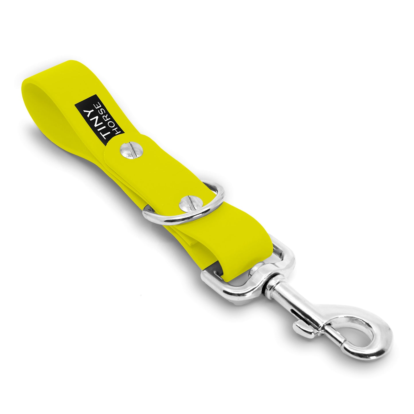 A neon yellow Sidekick Hands free dog walking attachment with silver trigger clip on a white background.