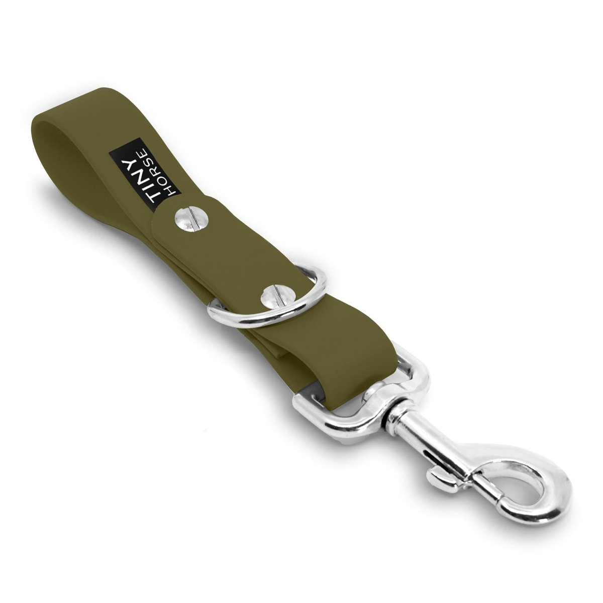A olive Sidekick Hands free dog walking attachment with silver trigger clip on a white background.