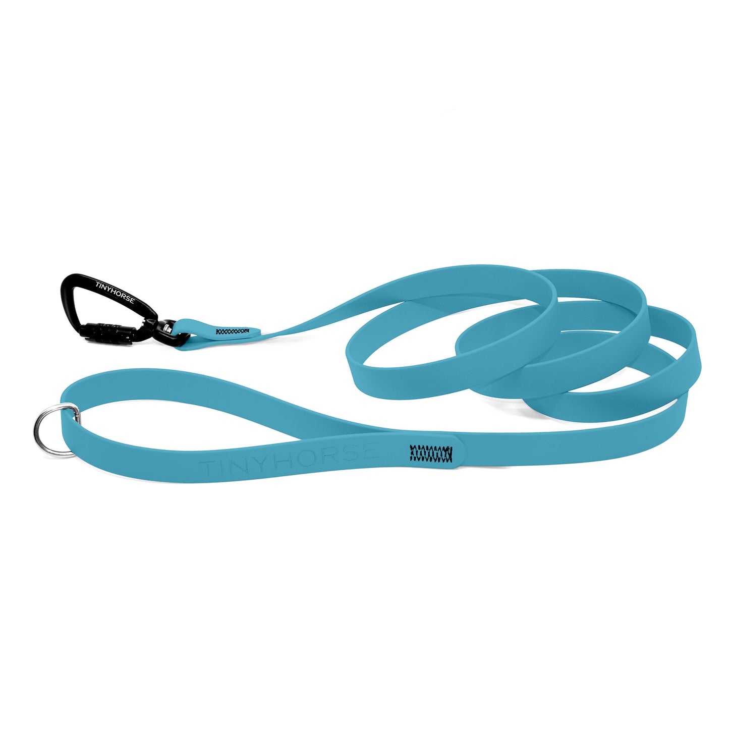 A baby blue Solo Pro leash - TinyHorse Mercantile with auto-locking carabiner on a white background.