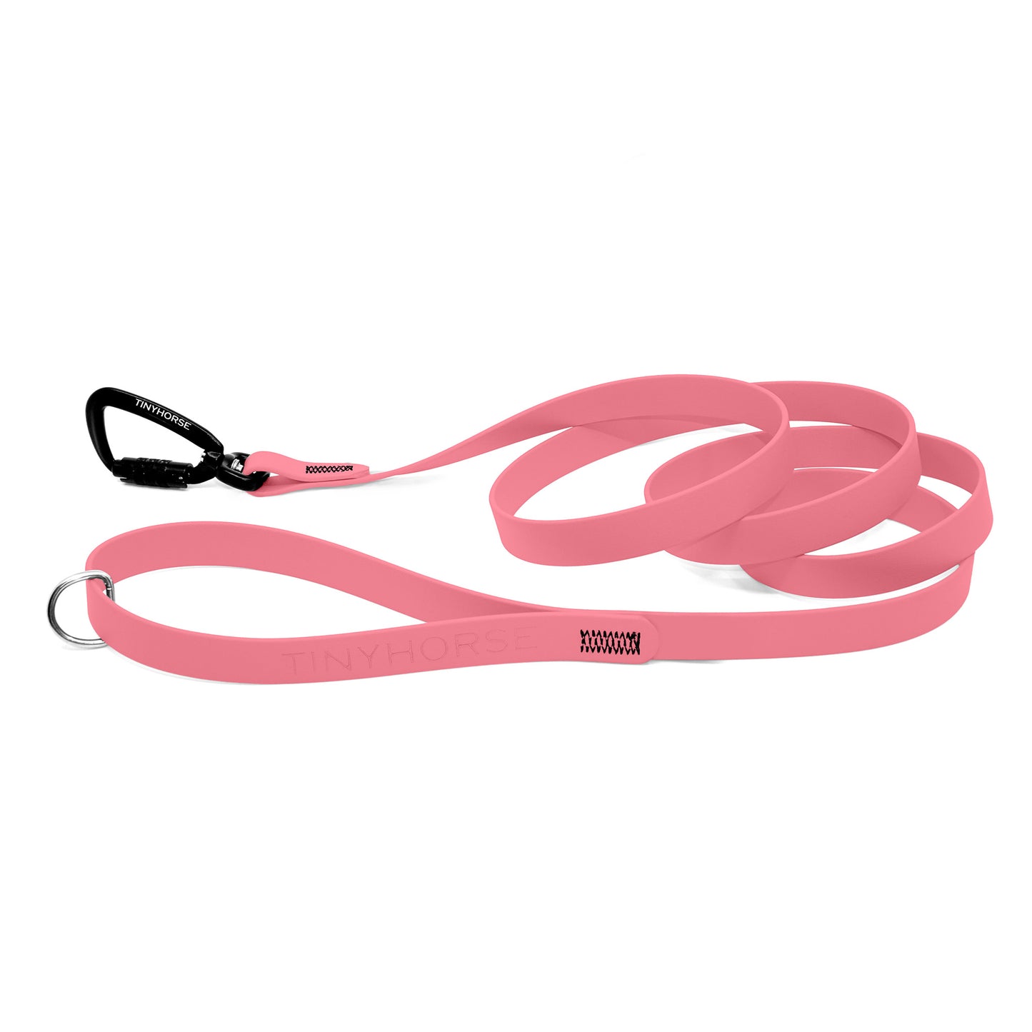 A baby pink Solo Pro leash - TinyHorse Mercantile with auto-locking carabiner on a white background.