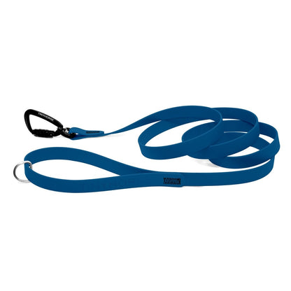 A bay blue Solo Pro leash - TinyHorse Mercantile with auto-locking carabiner on a white background.