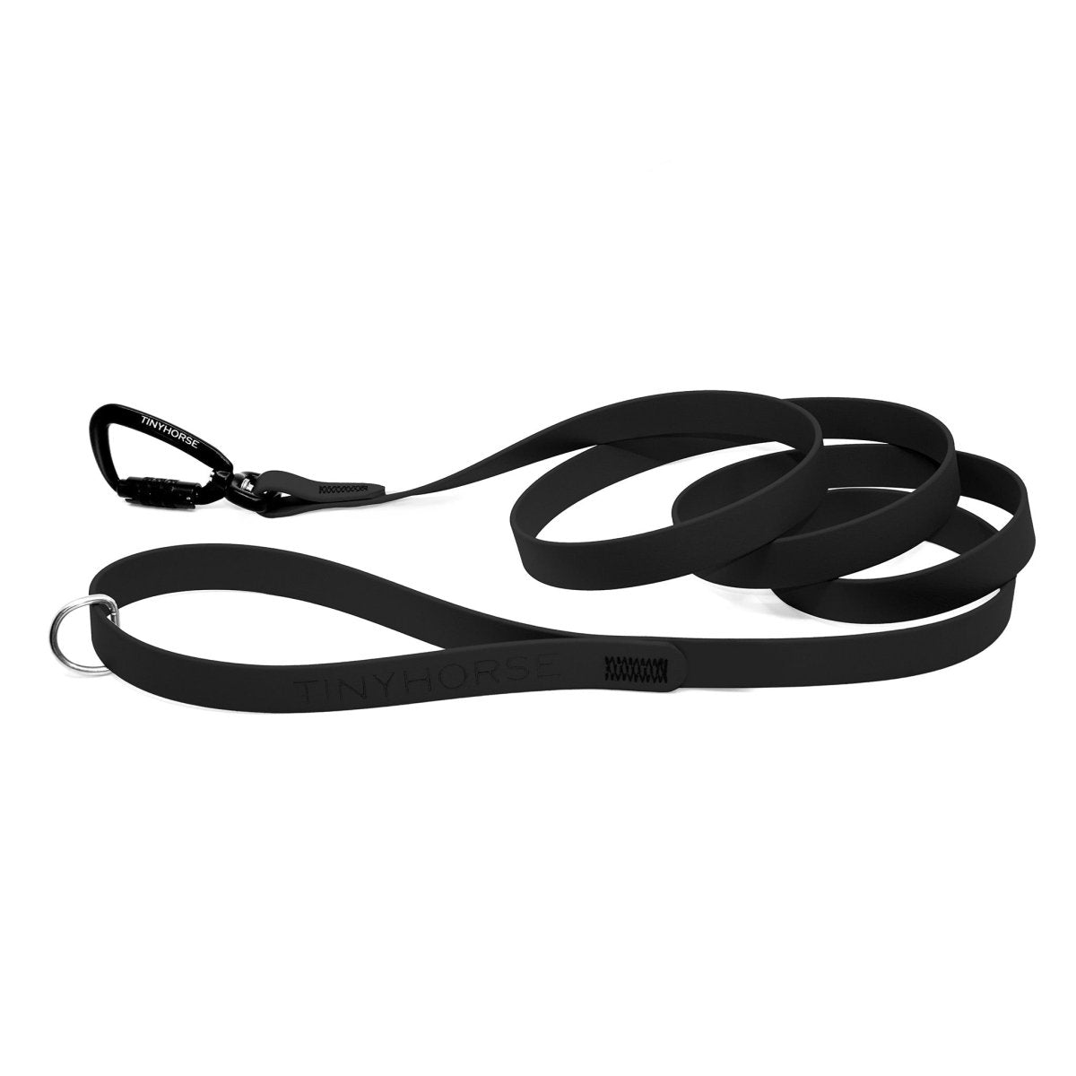 A black Solo Pro leash - TinyHorse Mercantile with auto-locking carabiner on a white background.