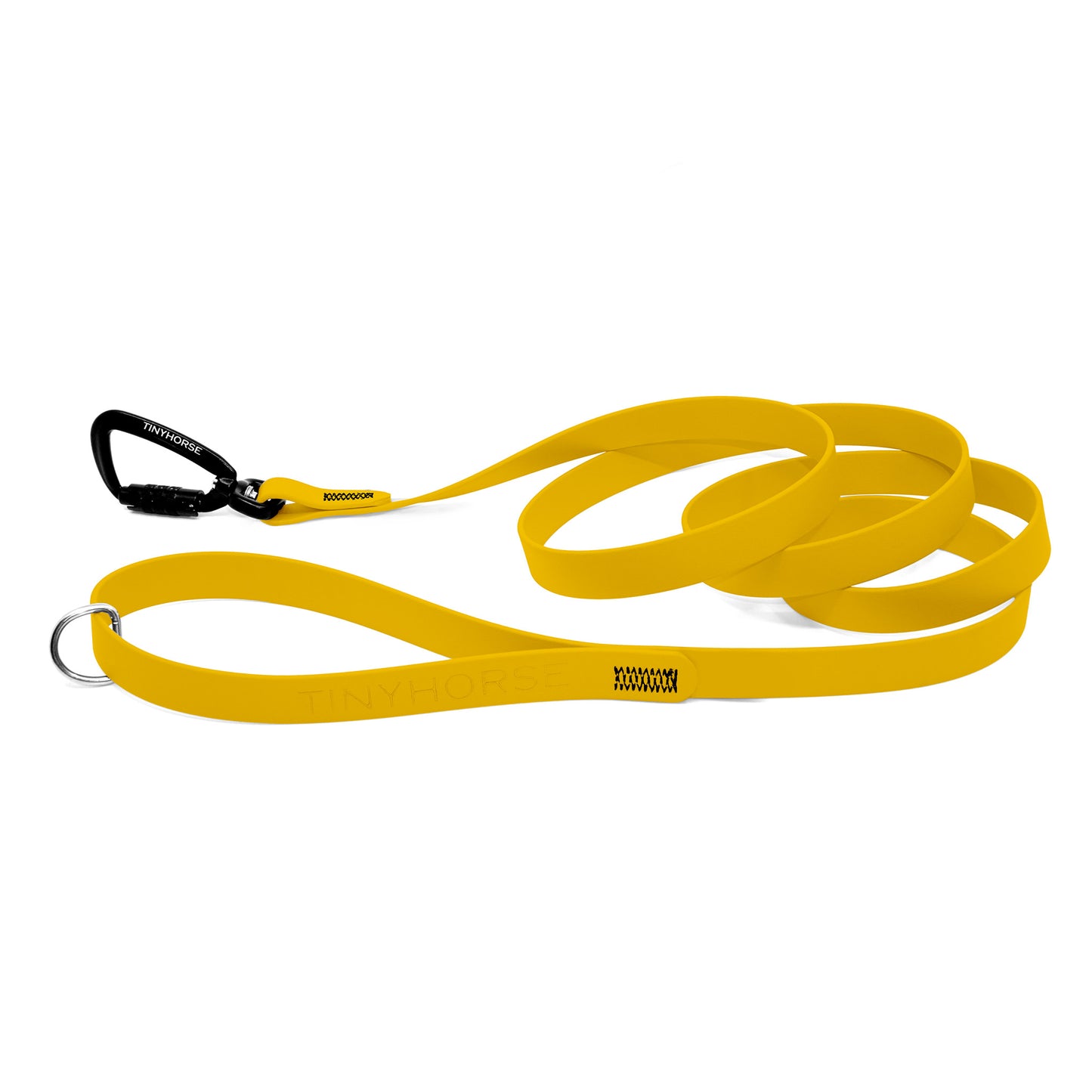 A canary yellow Solo Pro leash - TinyHorse Mercantile with auto-locking carabiner on a white background.