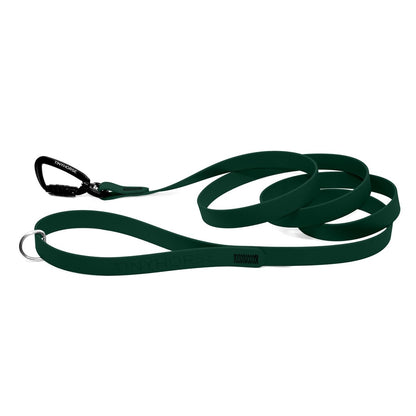 A dark green Solo Pro leash - TinyHorse Mercantile with auto-locking carabiner on a white background.