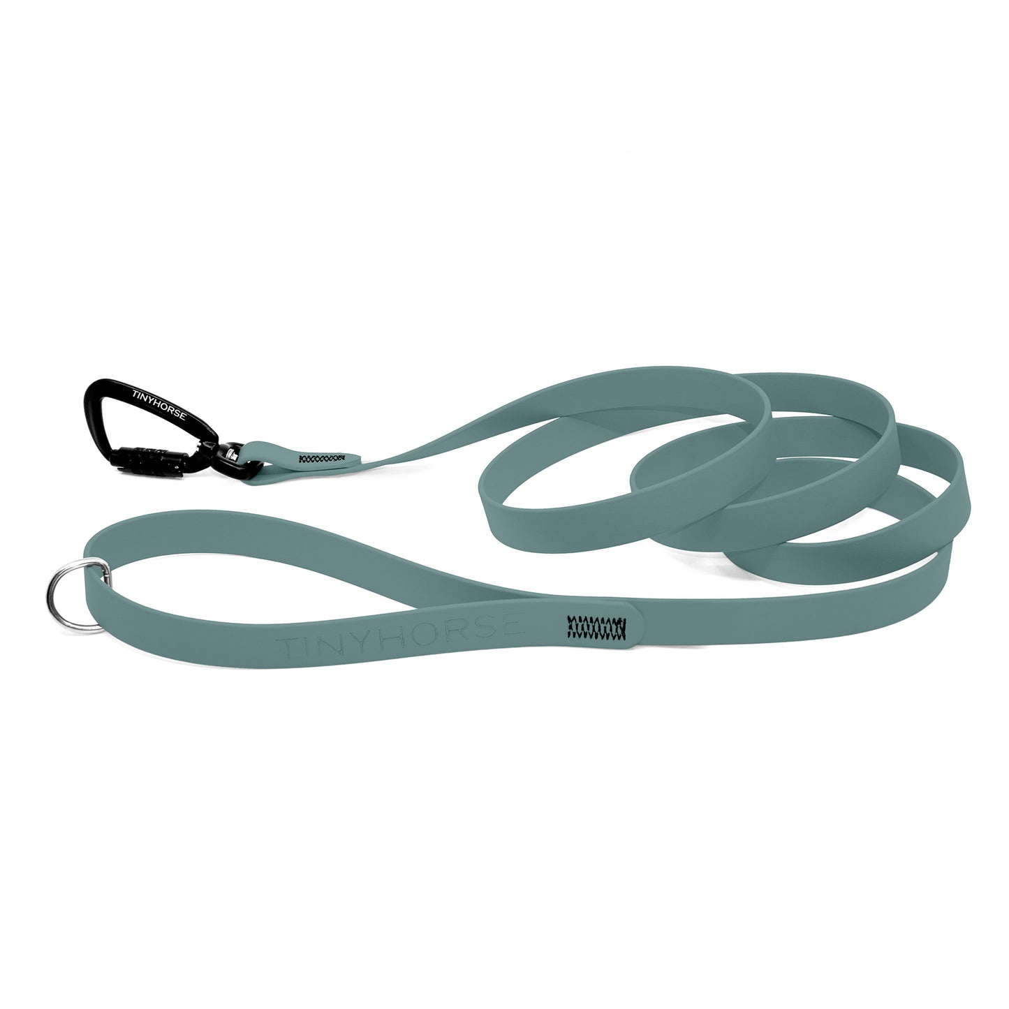 A eucalyptus Solo Pro leash - TinyHorse Mercantile with auto-locking carabiner on a white background.