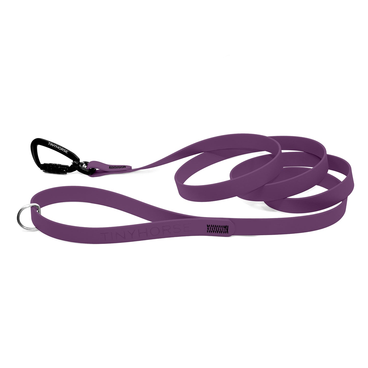 A grape Solo Pro leash - TinyHorse Mercantile with auto-locking carabiner on a white background.