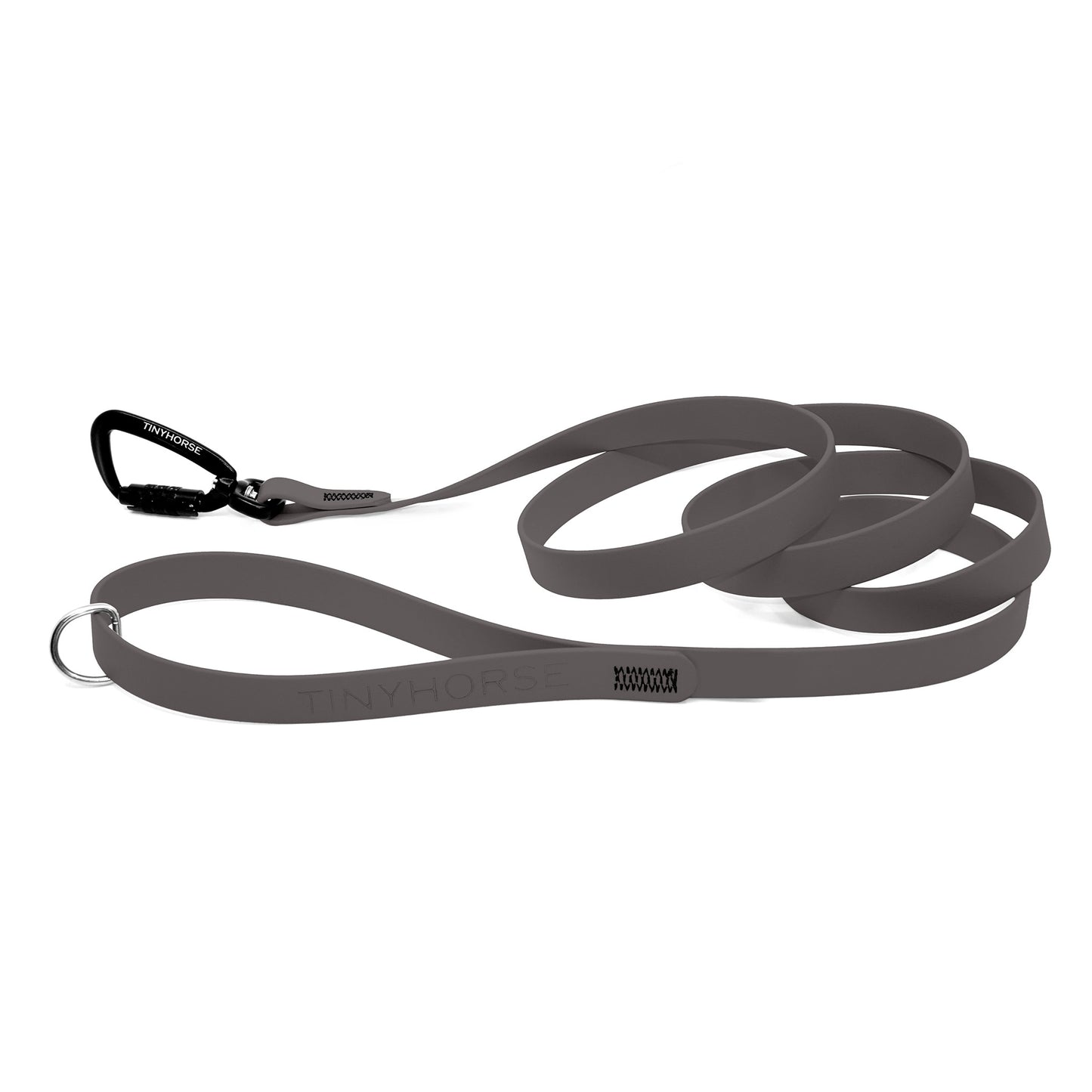 A grey Solo Pro leash - TinyHorse Mercantile with auto-locking carabiner on a white background.