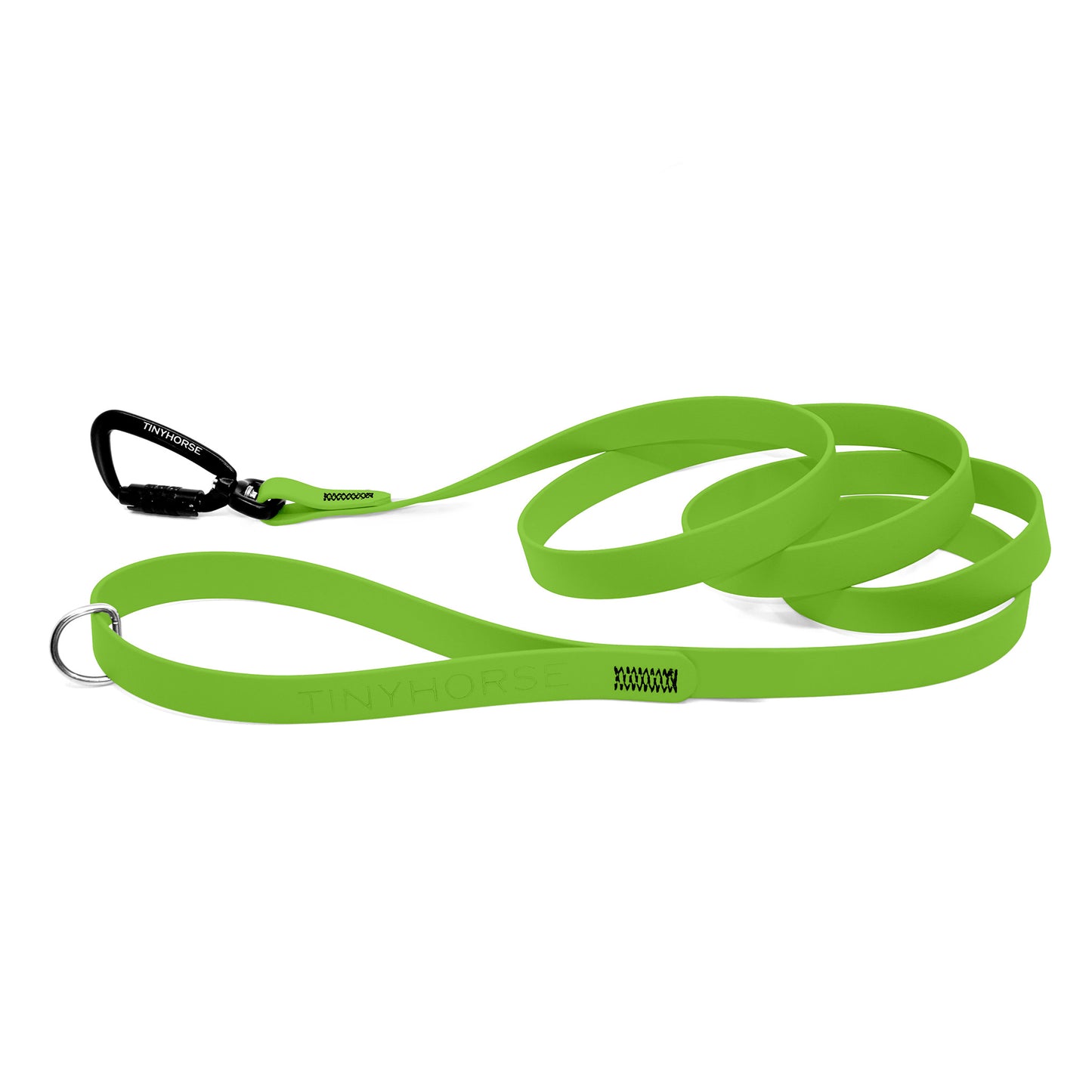 A lime Solo Pro leash - TinyHorse Mercantile with auto-locking carabiner on a white background.