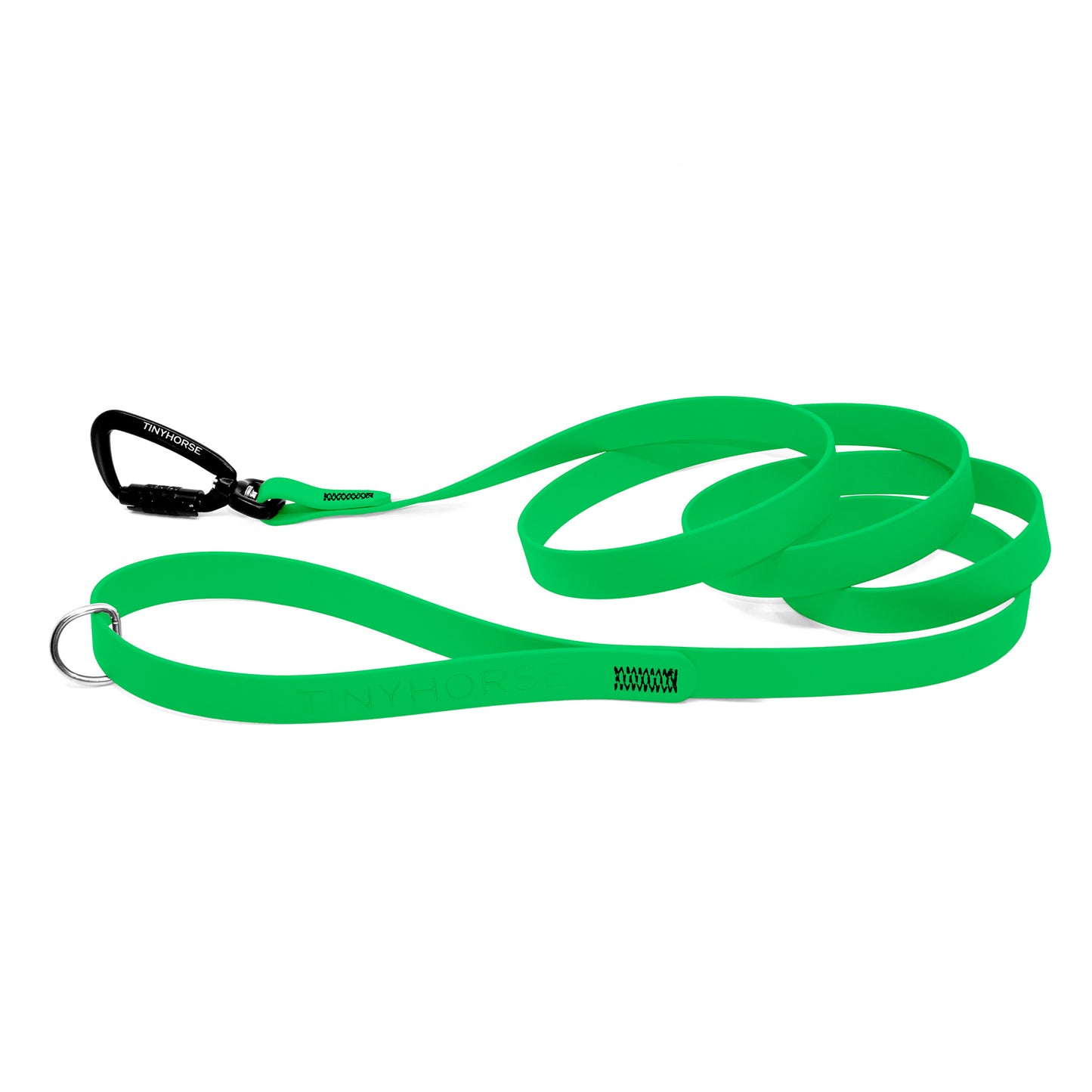 A neon green Solo Pro leash - TinyHorse Mercantile with auto-locking carabiner on a white background.