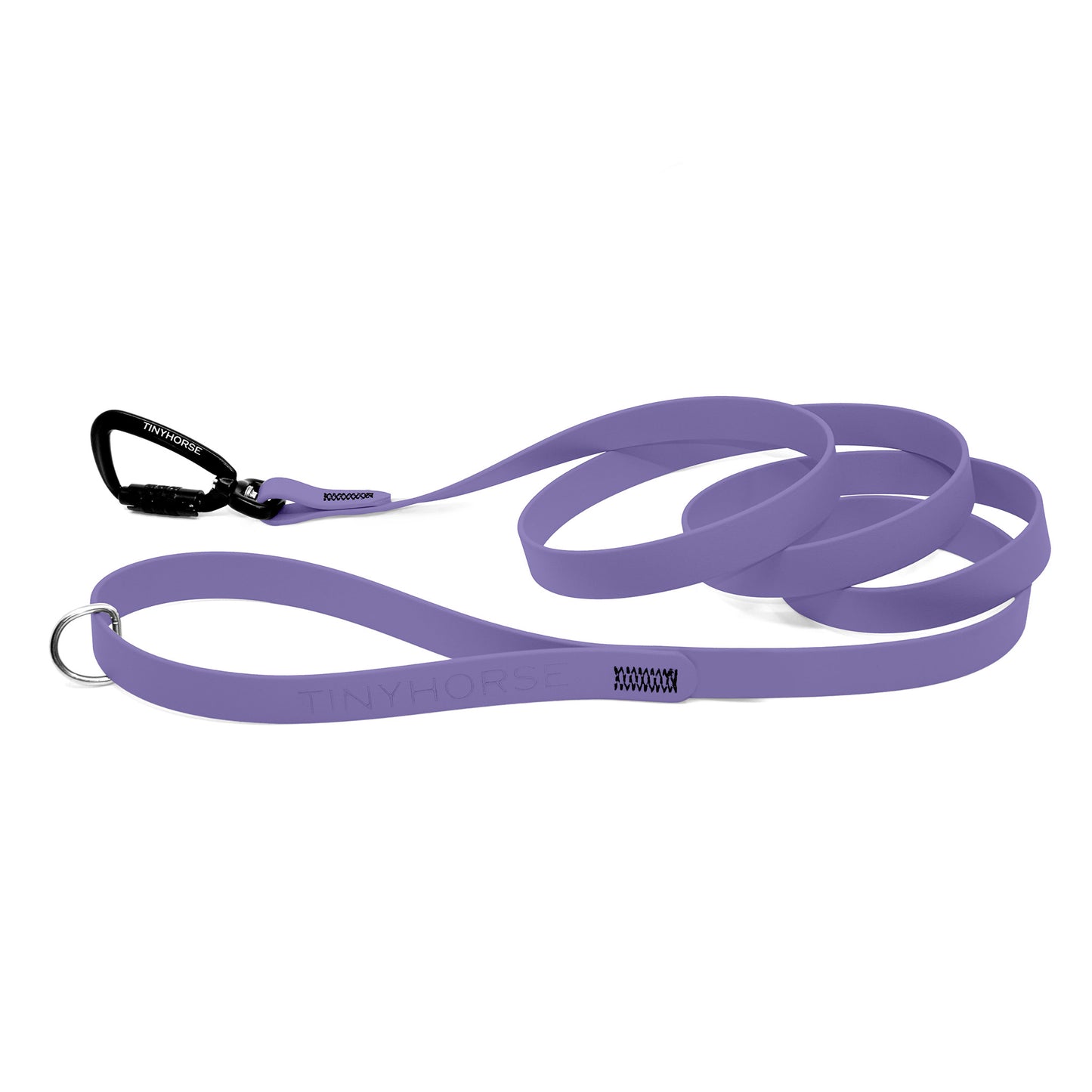 A periwinkle Solo Pro leash - TinyHorse Mercantile with auto-locking carabiner on a white background.