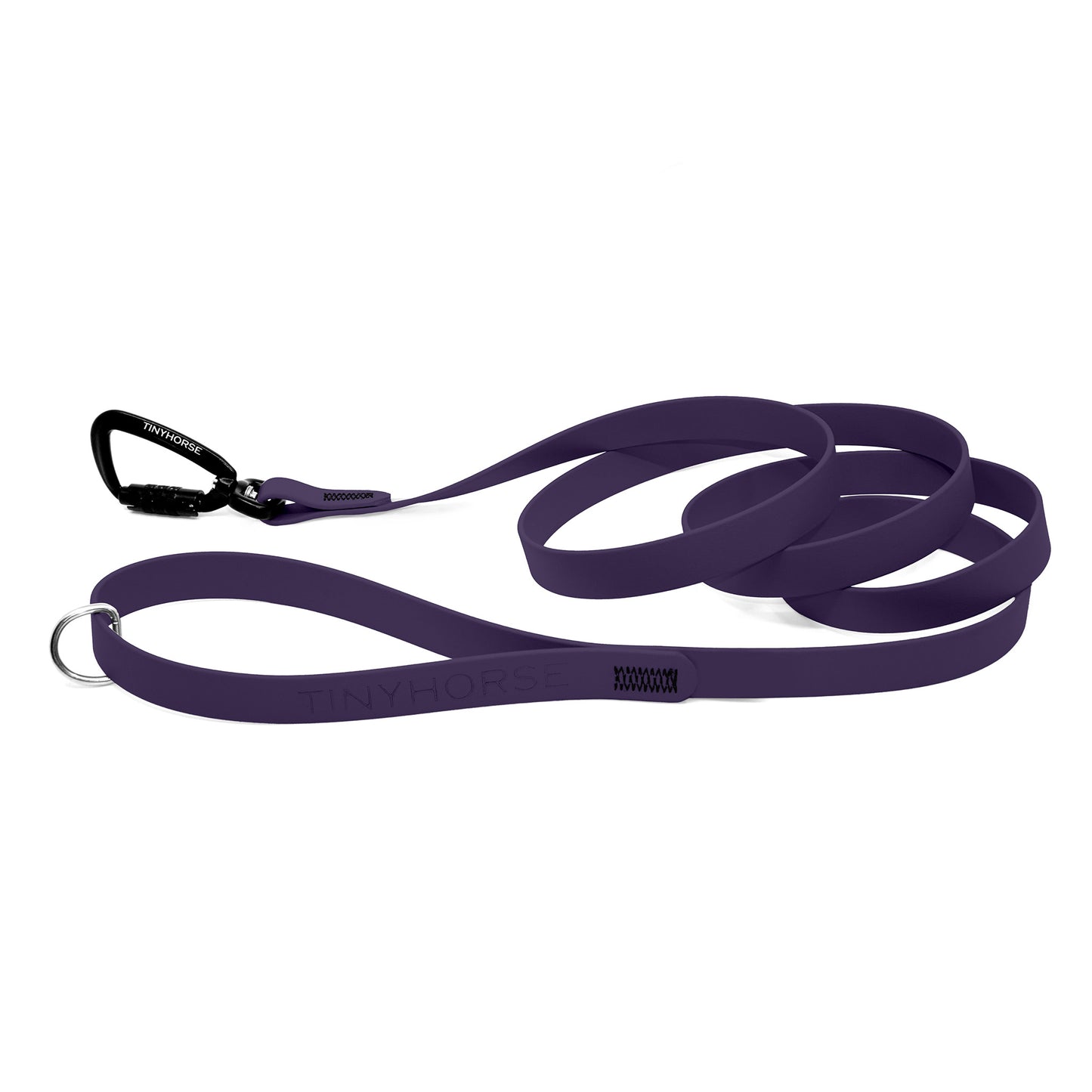A purple Solo Pro leash - TinyHorse Mercantile with auto-locking carabiner on a white background.
