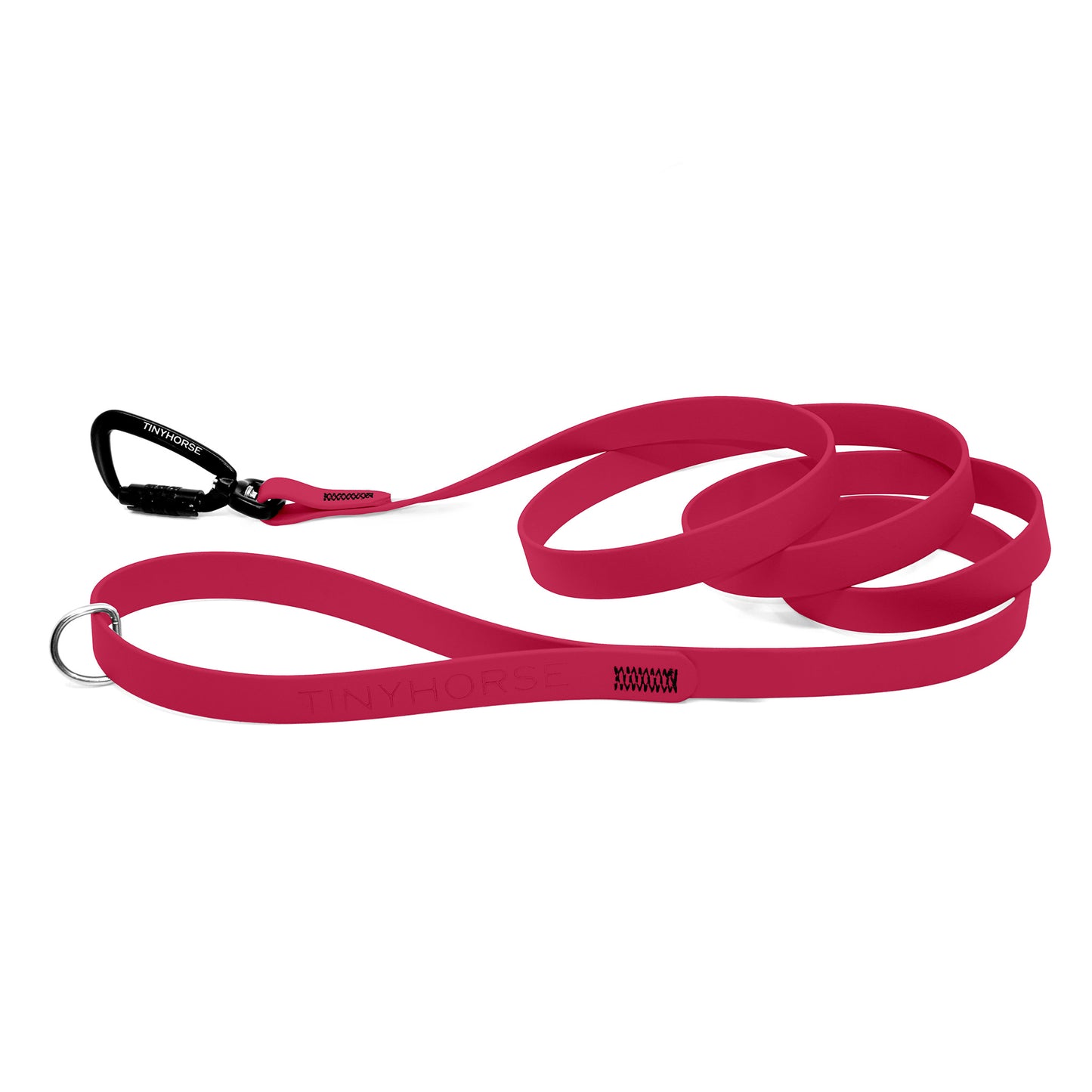 A raspberry Solo Pro leash - TinyHorse Mercantile with auto-locking carabiner on a white background.