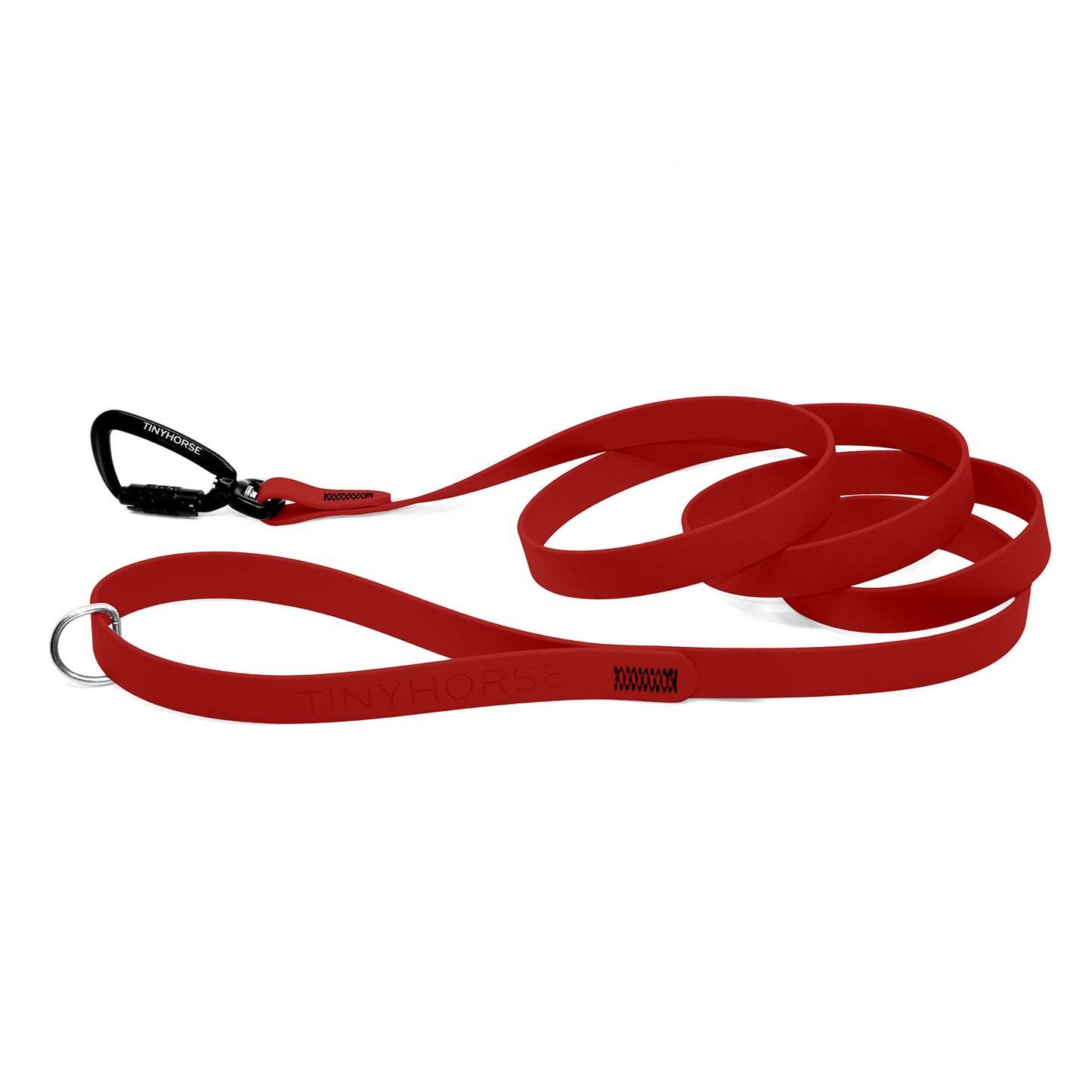 A red Solo Pro leash - TinyHorse Mercantile with auto-locking carabiner on a white background.