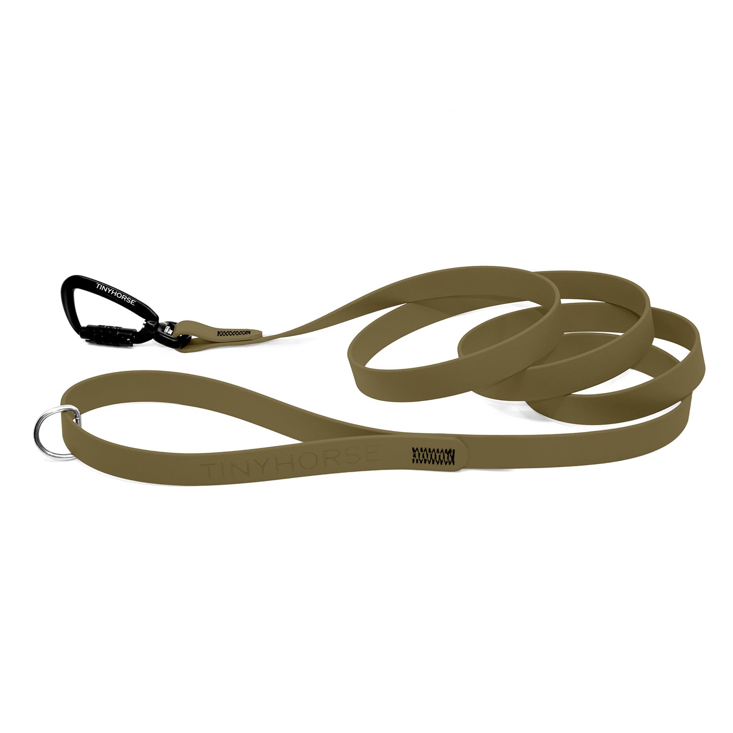 A sahara tan Solo Pro leash - TinyHorse Mercantile with auto-locking carabiner on a white background.