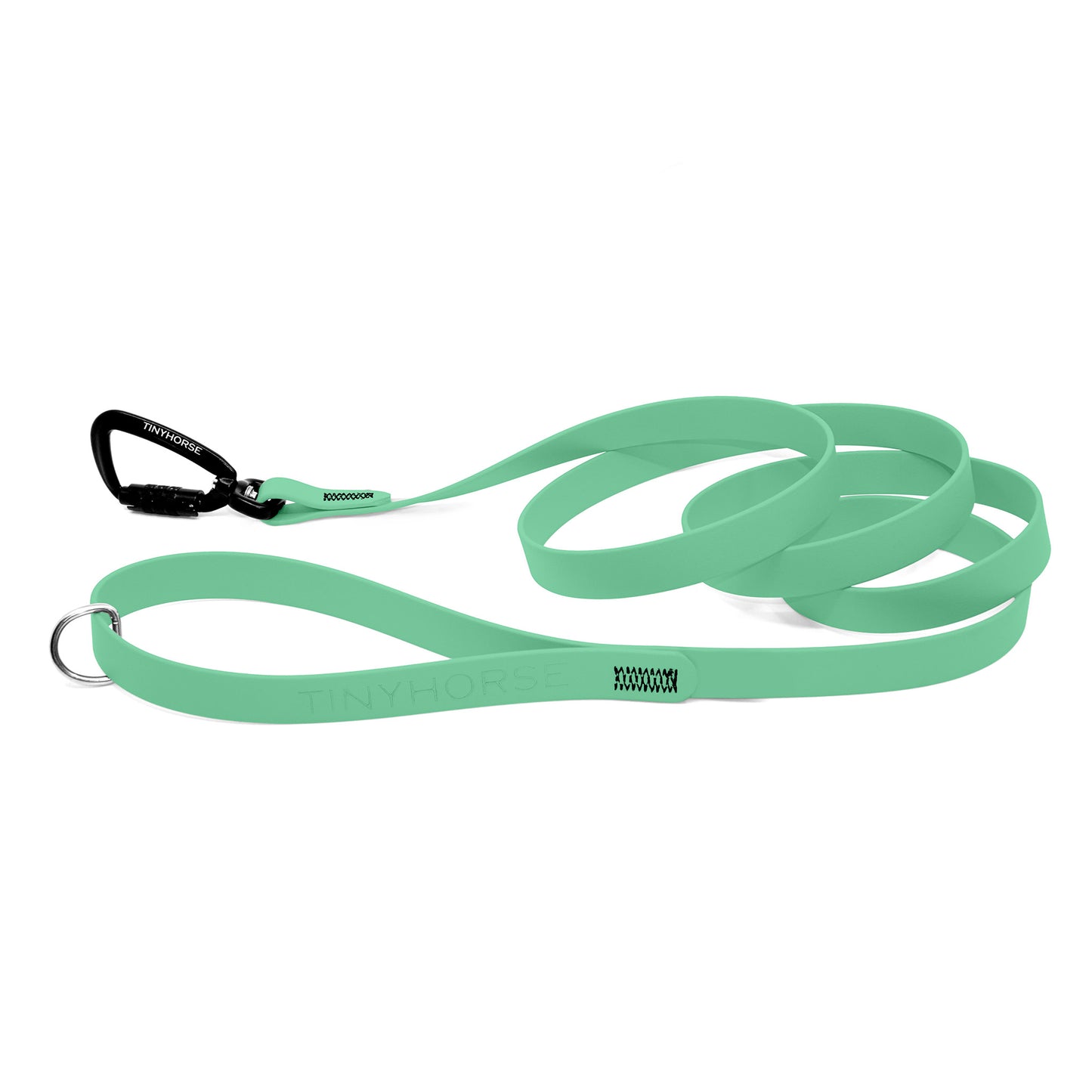 A seafoam Solo Pro leash - TinyHorse Mercantile with auto-locking carabiner on a white background.