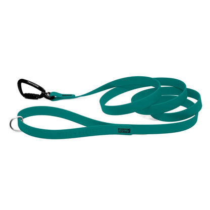 A teal Solo Pro leash - TinyHorse Mercantile with auto-locking carabiner.